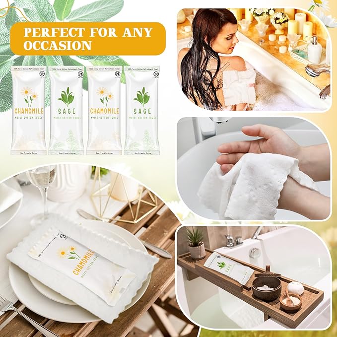 Timgle 50 Pcs Moist Towelettes Individually Wrapped Scented Disposable Face Towels Essential Oil Infused Moist Terry Cotton Towel for Use Hot or Cold Travel Body Spa(Sage, Chamomile)