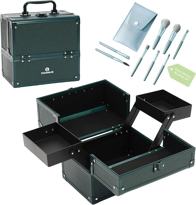 Makeup Train Case 2 Trays Makeup Box Organizer Portable Travel Makeup Case Lockable Makeup Storage Organizer Cosmetic Box for Jewelry Nail Tech Brushes Accessories Tool,Green Pro