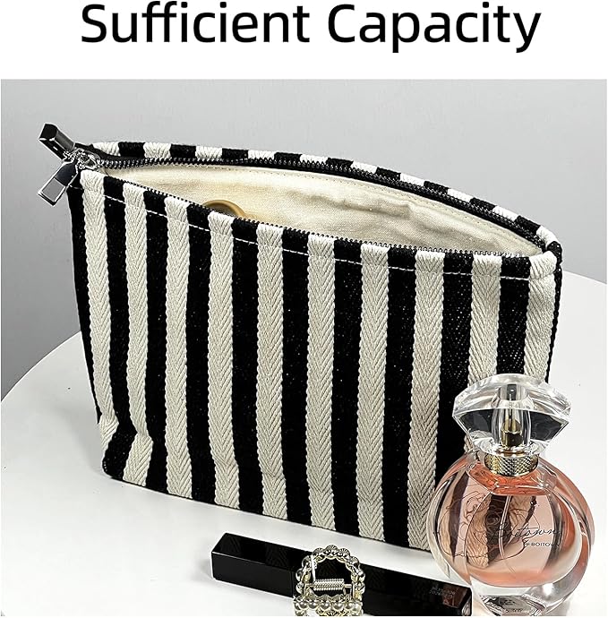 Makeup Bag for Women, Striped Makeup Bag, Travel Makeup Pouch for Purse, Canvas Cosmetic Bag with Zipper lining , Small Travel Pouch for Toiletry, Sunscreen, Sunblock, Hygiene, Skincare, Medicine