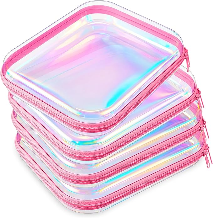 Hoolerry 4 Pcs Hard Clear Zipper Case Makeup Bags Plastic Zipper Pouch Transparent Storage Box Containers for Cosmetics, Snacks, Building Blocks, Puzzles(Clear,9.8 x 7.9 x 2 in,Pink Laser)