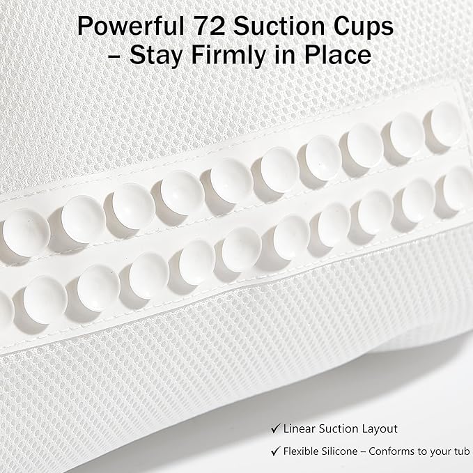 PYRRHIC Bath Pillow, Non-Slip Bathtub Pillow with 72 Strong Suction Cups, Ergonomic Head Neck Back Support, Quick-Dry 5D Mesh for Bathroom Home Spa White