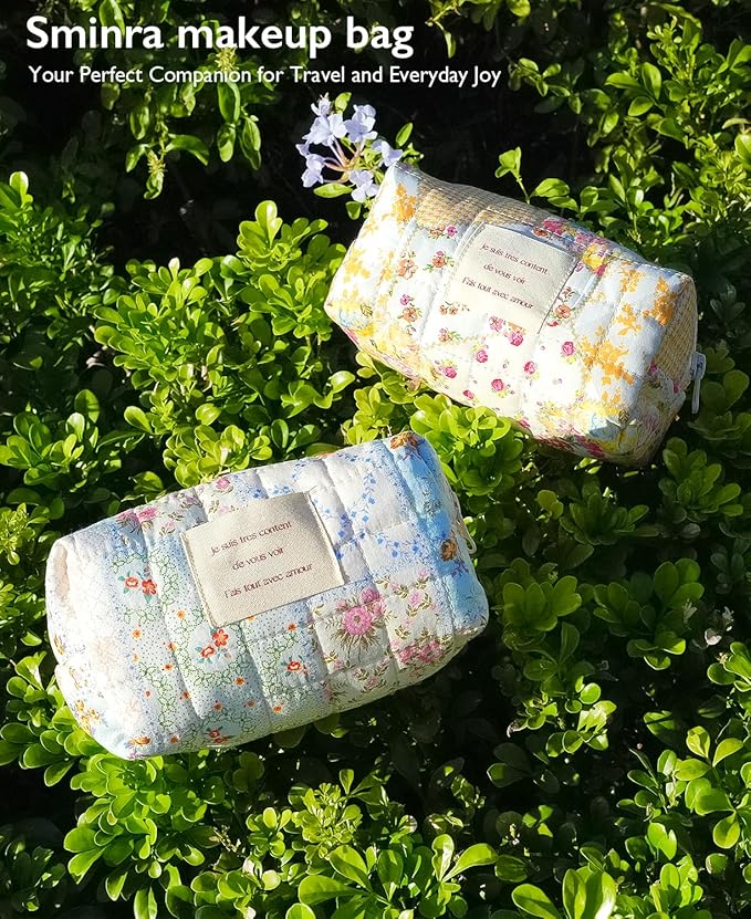 Floral Makeup Bag Small Cotton Quilted Cosmetic Bag Organizer, Aesthetic Cottagecore Preppy Portable Pouch Purse Toiletry Bag for Women Girls Travel accessories (Beige Floral-S)