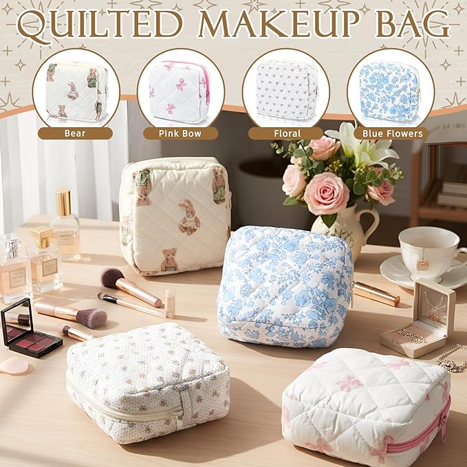 Weewooday 4 Pcs Small Quilted Makeup Bag Travel Cosmetic Makeup Bags Organizer Sanitary Napkin Storage Bag Floral Cotton Coquette Aesthetic Toiletry Bags for Women Girls(5x5x2inch,Novel)