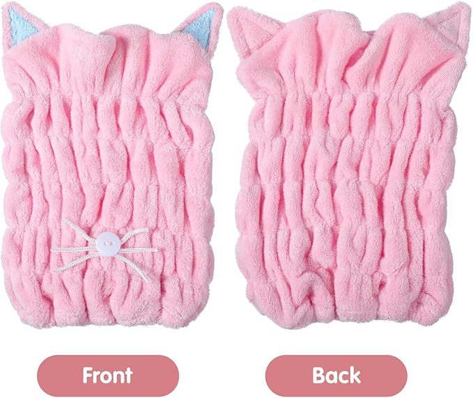 2Pcs Microfiber Hair Towel Wrap, Microfiber Hair Drying Towel Wraps with Cute Kitty Ears, Hairs Drying Caps, Ultra Absorbent Quick-Dry Turban Caps for Women & Girls (Pink & Blue 10.6" L x 9" W)