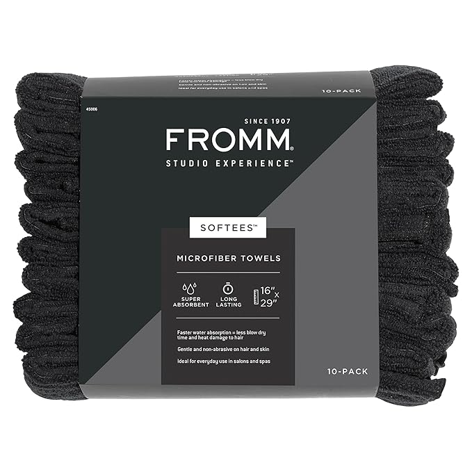 Fromm Softees Microfiber Hair Towels, Absorbent Salon Hair Towels for Hairstylists, Barbers, Spa & Gym, Fast-Drying, Ultra-Soft, Lint-Free, Multi-Purpose Towels, 16" x 29"- 10-Pack - Black