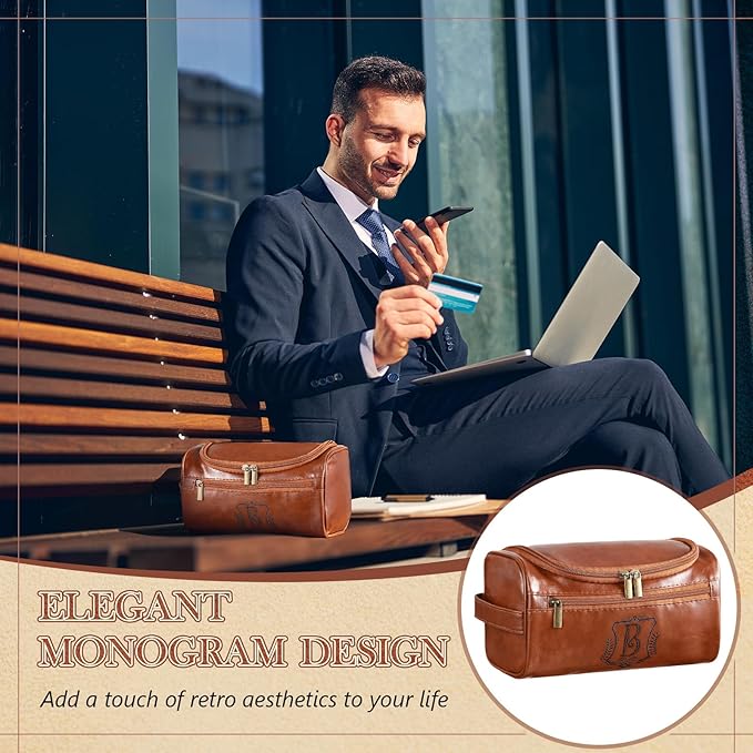 Sadnyy Personalized Leather Toiletry Bag for Men Initial Travel Bag with Hook Monogrammed Toiletry Pouch Leather Travel Bathroom Kit with Side Handle for Him Dad Husband Anniversary Birthday Gifts(B)