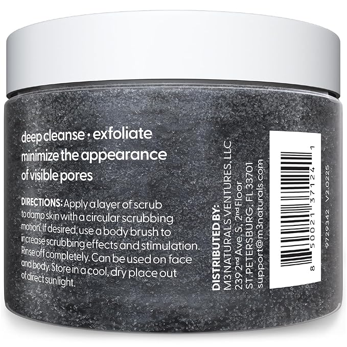 Exfoliating Charcoal Scrub with Collagen & Stem Cells – Salt Scrub for Body Toning, Cellulite, Armpit Detox, and Skin Smoothing for Face, Feet, and Body by M3