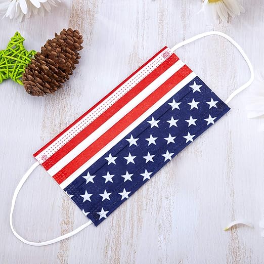 Borje Disposable Face Masks with Designs Patriotic Cute Face Mask 3 Ply USA Flag Print 50 Pcs
