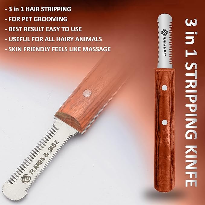 FLAMIA & JABZ FJ Professional Stripping Knife kit (6 pieces set) for Dogs & Pets, Wooden Handle Grip with Stainless Steel Blade (Right handed) (Orange)