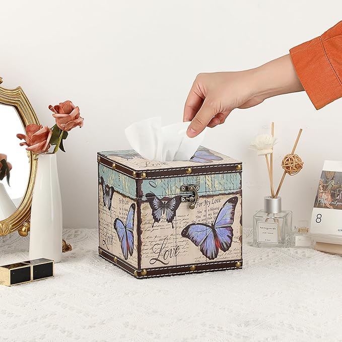 Sumnacon Tissue Box Retro Wood Square Tissue Box Cover Vintage Cube Tissue Box Holder,Decorative Tissue Holder for Bedroom Bathroom Toilet Table Desk Car Store Office Home,Beige White+Blue