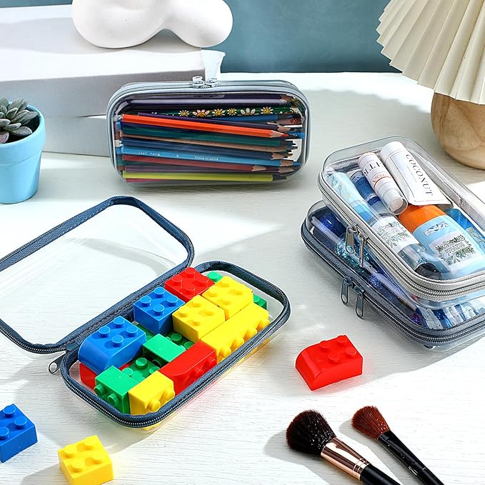 Hoolerry 4 Pcs Hard Clear Zipper Case Makeup Bags Plastic Zipper Pouch Transparent Storage Box Containers for Cosmetics, Snacks, Building Blocks, Puzzles(Clear,7.5 x 3.9 x 2 in,Morandi)