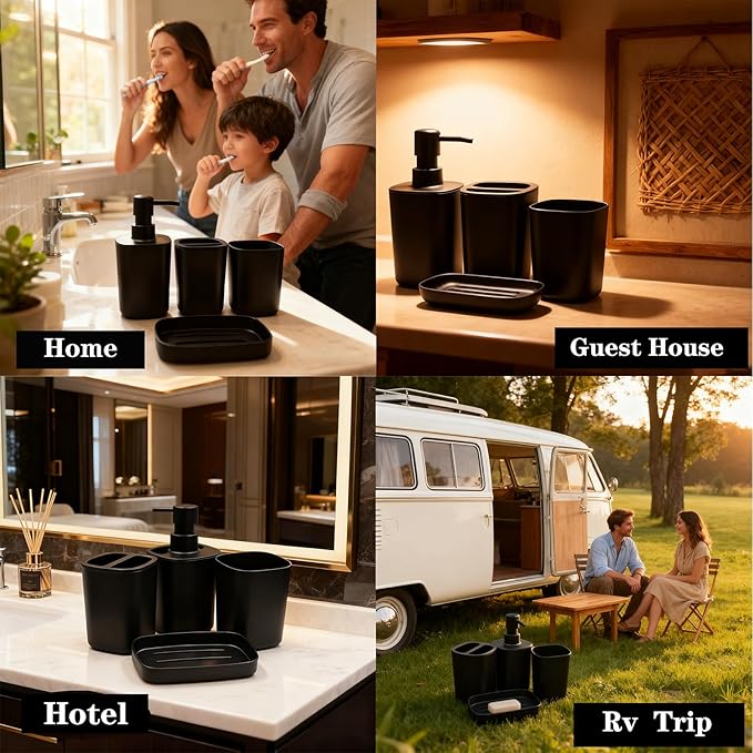 Matte Black Bathroom Accessory Set, 4-Piece Plastic Bathroom Accessory Set, Toothbrush Holder, Toothbrush Cup, Soap Dispenser, and Soap Dish, Suitable for Modern Home Bathroom Decoration