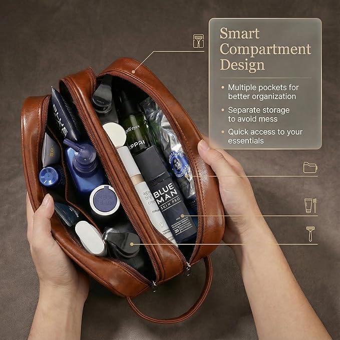 Men’s Toiletry Bag Travel Dopp Kit – double-deck PU Leather Water-Resistant Shaving Organizer Large Capacity, Double Compartments & Inner Pockets for Grooming, Bathroom & Gym Trip Toiletry Case(Black)