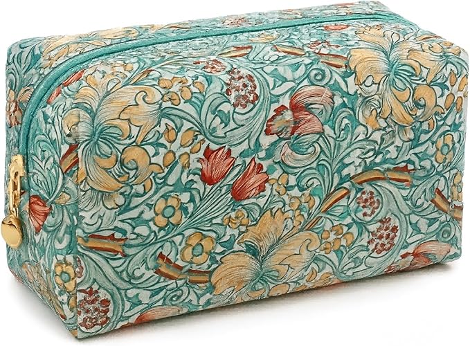 Floral Quilted Cotton Makeup Bag for Women, Large Capacity Travel Cosmetic Pouch with Zipper, Cute Toiletry & Brush Organizer, Kawaii Makeup Storage Case – Garden Light Blue