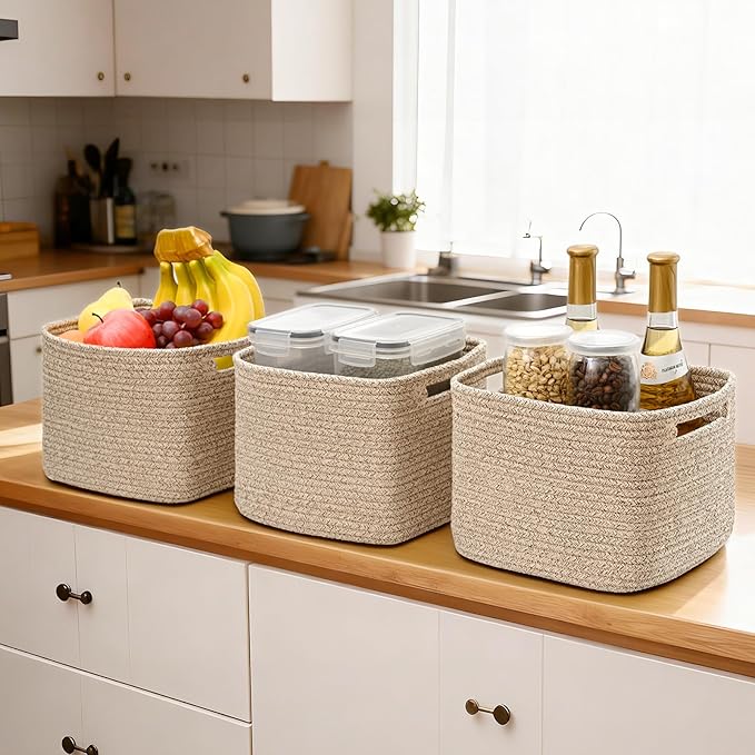 3 Pack Cube Storage Bin, 9”x9”x7” Cotton Rope Woven Baskets for Organizing Toys Clothes Towels, Square Gift Storage Baskets for Shelf, Nursery, Closet, Bathroom, Pantry (Jute)