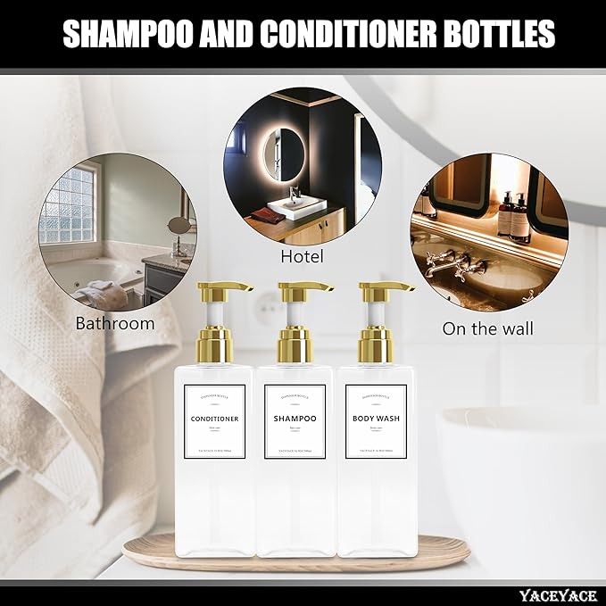 Shampoo Dispenser Bottles with Gold Pump, YACEYACE 16.9oz Set of 3 Clear Shampoo and Conditioner Dispenser, Mordern Shower Bottles Refillable with Labels