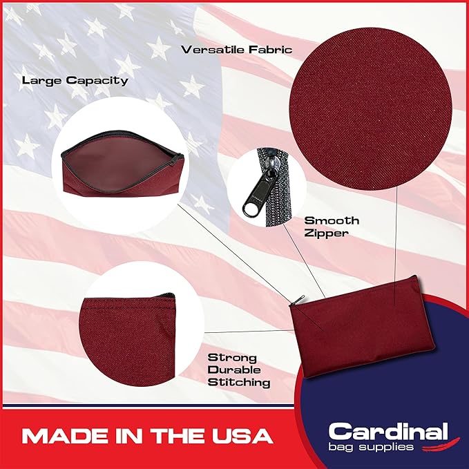 Multipack of 2 Compact Zipper Cloth Pouches, Zipper Bag, Travel Toiletry, Cosmetics, Stationary Case, 11 x 6 inches (Burgundy)
