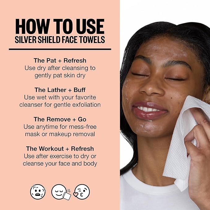 PEACE OUT Silver Shield Face Towels, Disposable Facial Towels for Sensitive Skin, Silver Citrate Infused, Dual Sided, Super Absorbent, Biodegradable, 30 Count