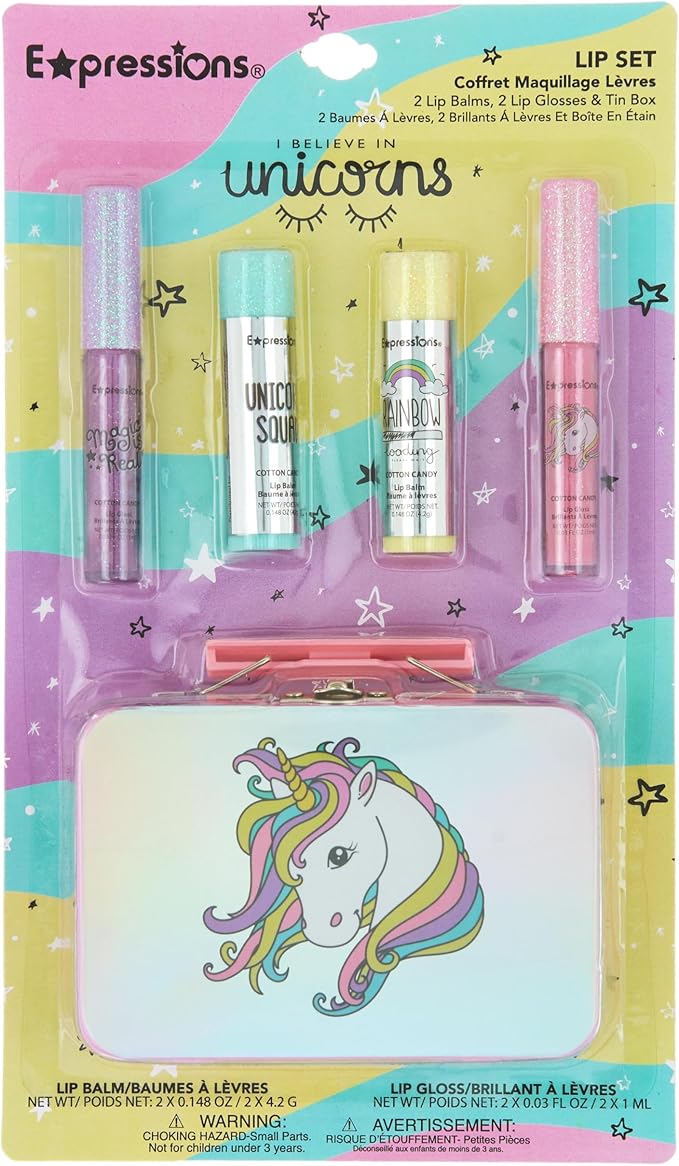 EXPRESSIONS 5pc Cosmetics Lip Kit For Kids w/Lip Glosses, Lip Balms & Tin Box Storage Case,I Believe in Unicorns Hologrpahic,Washable + Non Toxic