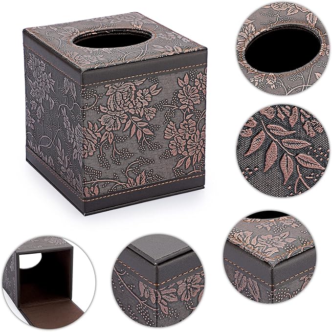 Sumnacon Square Leather Tissue Box Cover - Stylish Cube Tissue Box Holder with Magnetic Bottom, Decorative PU Tissue Box for Vanity Dresser Night Stand Table Countertop Home Office Car, Black Flower