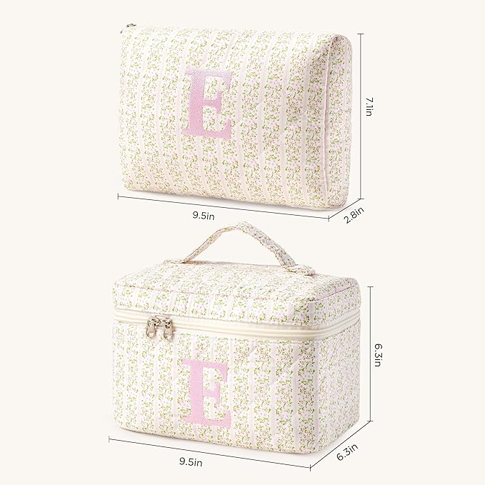 HBselect 2Pcs Initial Quilted Makeup Bag, Pink Cosmetic Travel Toiletry Bag, Flowers Coquette Zipper Make Up Pouch Organizer Teen Girl Gift Trendy Stuff E