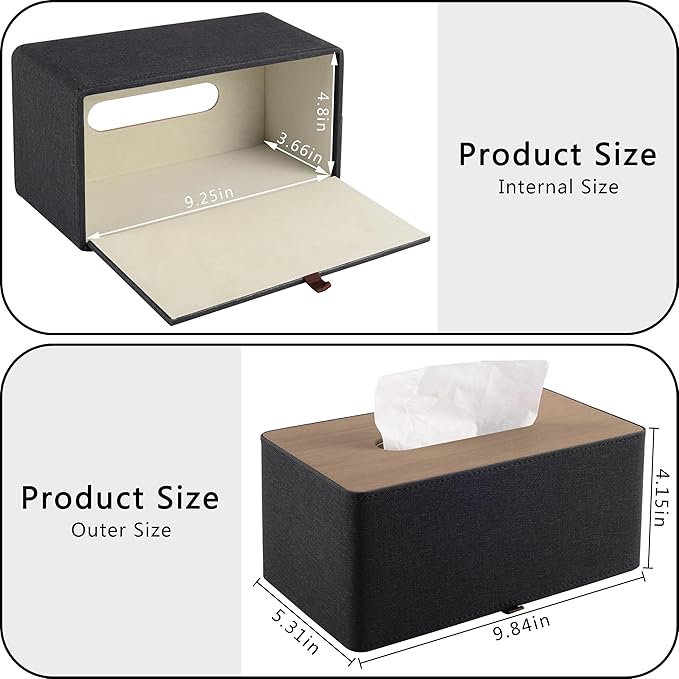 High-end Pu Leather Tissue Box Holder Two Color Combination-Linen and Wood Grain,Rounded Rectangle Napkin Paper Case Dispenser for Home Bathroom Dresser Offices Car Tissue Cover (Black)