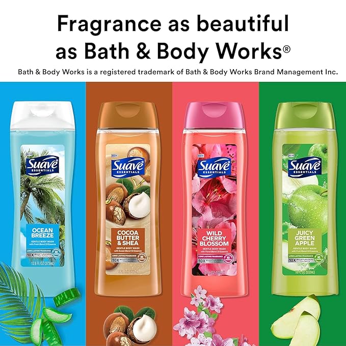Suave Moisturizing Body Wash, with Ocean Breeze Scent and Vitamin E Extract, No Parabens, No Phtahaltes, 18 Oz, (Pack of 12)