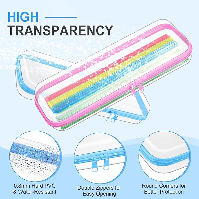 Hoolerry 4 Pcs Hard Clear Zipper Case Makeup Bags Plastic Zipper Pouch Transparent Storage Box Containers for Cosmetics, Snacks, Building Blocks, Puzzles(Clear,13.2 x 4.7 x 2.4 in,Pastel)
