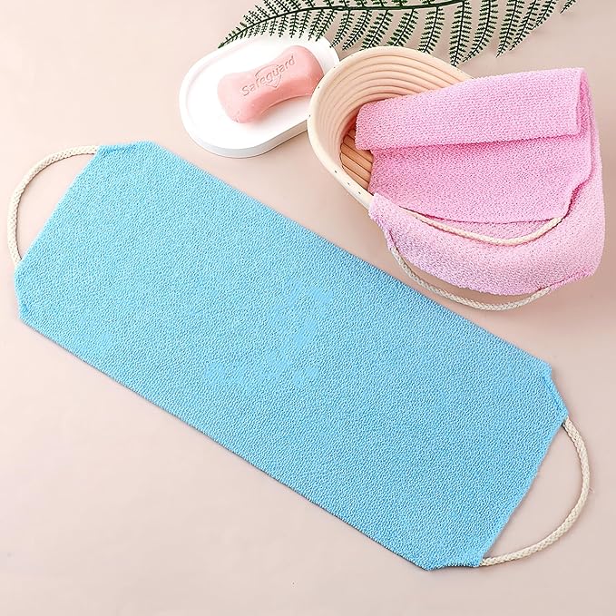 Body Scrubber with Handles Exfoliating Washcloth Towel for Shower Bath 2Pcs Nylon Back Exfoliator Extended Length Back Washers Back Scrubber Towel Stretchable Pull Strap for Sensitive Rough Skin