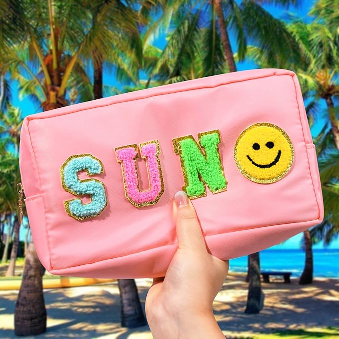 SOIDRAM Preppy Sun Makeup Bag Nylon Cosmetic Bag Stuff Makeup Pouch for Women Travel Toiletry Bag Organizer Cute Makeup Brushes Storage Bag with Chenille Letter Patches