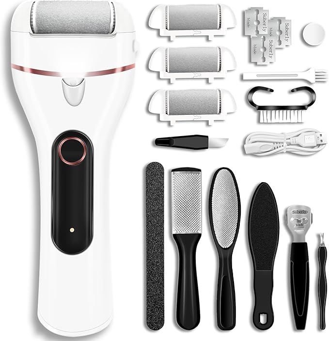 Callus Remover for Feet, Electric Foot Callus Remover Waterproof with 3 Rollers 2 Speed Battery Display,17 in1 Rechargeable Foot File Pedicure Kits for Dead Hard Cracked Dry Skin（White