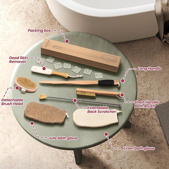 Wood Bath Brush,Long Handle Body Back Scrubber with Soft and Natural Bristles Antiskid Shower Brush Set for Bathroom Wet or Dry Exfoliating (6 Pack) (20.6'' Long Handle)