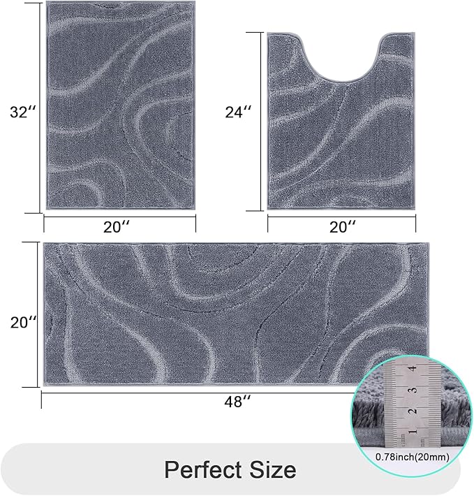 HEBE Bathroom Rug Sets 3 Piece, Non Slip Shower Mats with U-Shaped Contour Toilet Mat, Absorbent Microfiber Bath Mats for Bath Rugs, Washable Shaggy Floor Carpet, Dark Grey