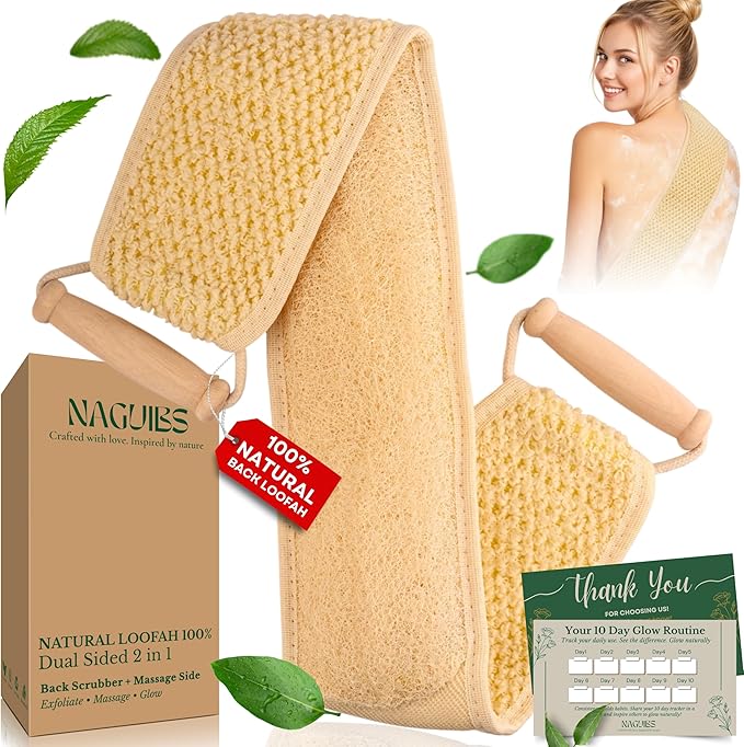 Mom Gift Premium Egyptian 100% Natural loofah with Handle Back Scrubber for Shower and Massage exfoliating Body Scrubber loofah for Men and Women for Shower loofa Clean Your Back Deeply