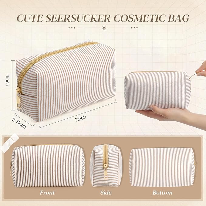 Sanwuta 12 Pcs Seersucker Cosmetic Bags Bulk Seersucker Makeup Bags Stripe Women Pouch Large Preppy Storage Pouch Toiletry Travel Organizer for Wedding Bridesmaid Bride Favor Mom Gift (Khaki)