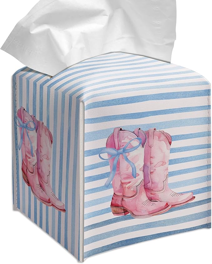 Grace Yonks Cute Tissue Box Cover Square - Pink Cowgirl Boots & Blue Bow Design 5.2" PU Leather Holder for Vanity, Desk, or Bathroom Counter - Cube Case for Facial Tissues(006)