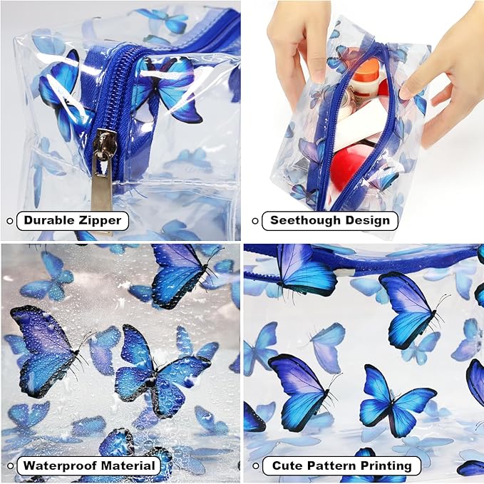 Clear Makeup Bag, Small Clear Toiletry Bag for Travel, Cosmetic Makeup Organizer Bags with Zipper, Plastic PVC Pouch Transparent Zip for Purse Reusable TSA Approved Quart Size (Butterfly)