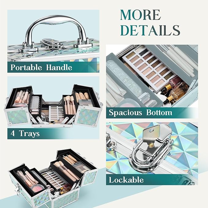 RENESSA Makeup Train Case Portable Makeup Case Organizer Cosmetic Box Make Up Box Makeup Organizer Cosmetic Storage Cases with Locking Nail Kit Organizer Travel Case Shiny Blue