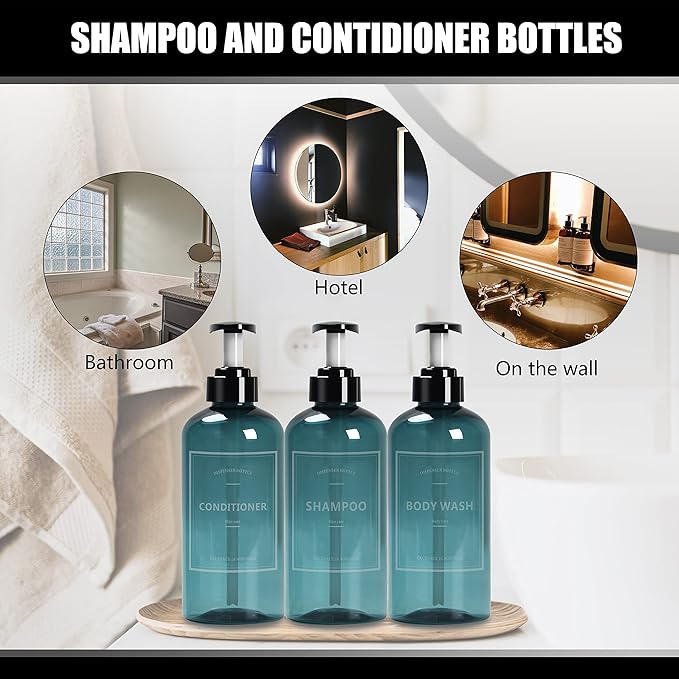 Shampoo Bottles with Pump, YACEYACE 3Pcs 16.9oz Blue Clear Empty Shampoo and Conditioner Dispenser, Refillable Shampoo and Conditioner Bottles with Labels, Body Wash Dispenser for Shower