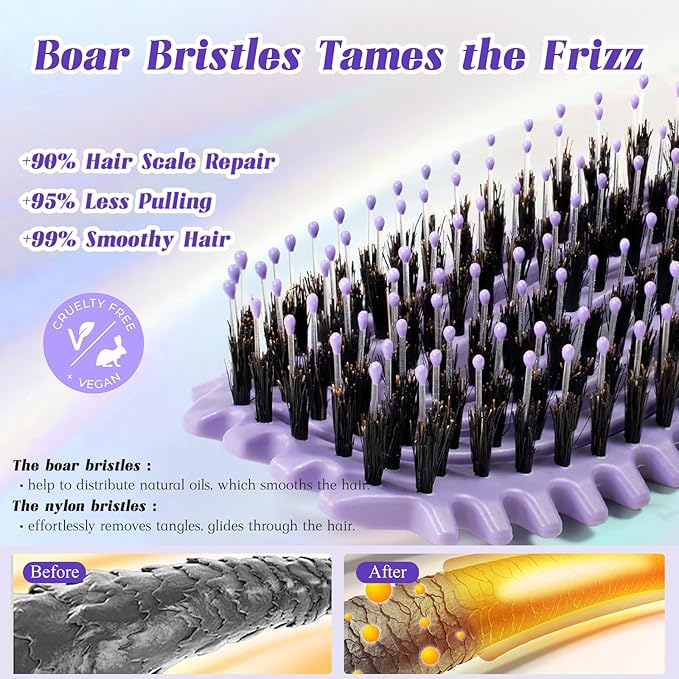 Curl Defining Brush, Boar Bristle Detangling Hair Brush for Women Girls Thick Curly Wavy Hair Wet Dry Use, Fast Blow Drying Vented Styling Hairbrush, Smoothing Hair No Tangle (Soft Purple)