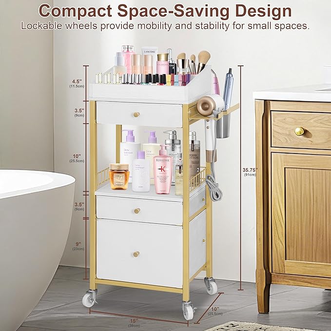 Makeup Organizer Cart with Adjustable Dividers, 3-Drawer Cosmetic Storage Cart with Lockable Wheels & Detachable Hair Tool Holder, Mobile Vanity Organizer for Small Spaces, Gold & White