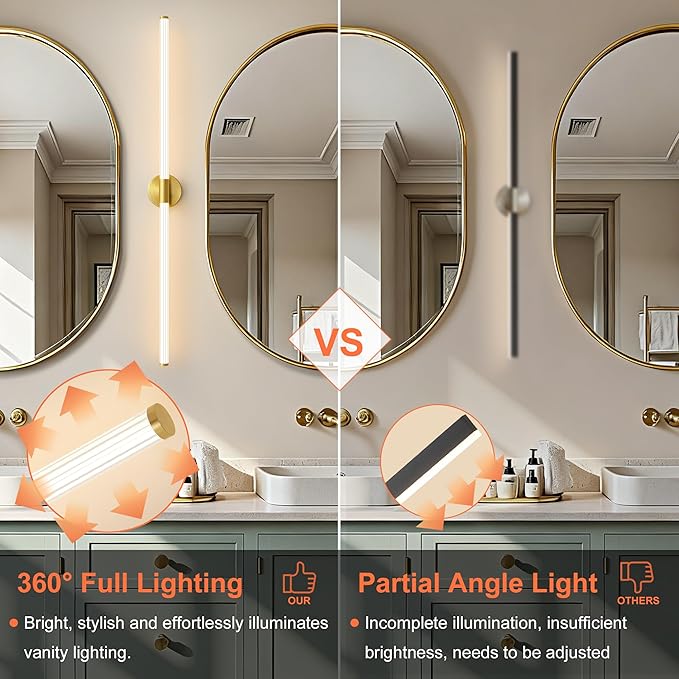 Glod Wall Sconces Set of 2 Hardwired, Dimmable 5CCT LED Bathroom Light Fixtures Over Mirror, 360° Full Lighting 47" Long Vanity Light Bar Modern Wall Sconce for Bathroom Bedroom Living Room