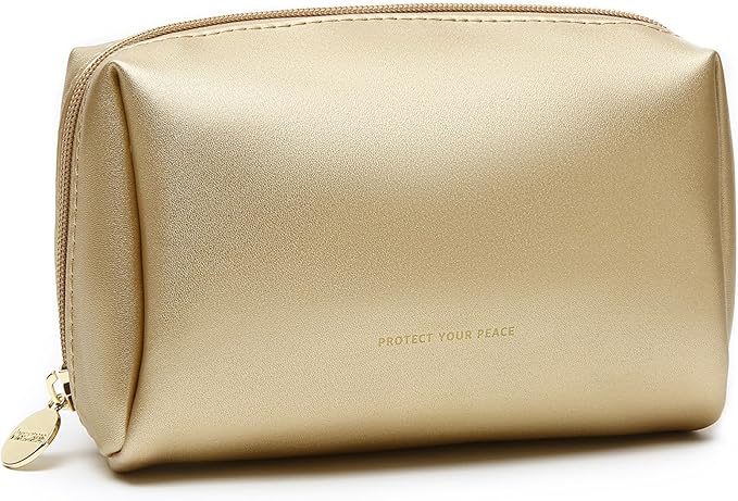 Aveniee Small Travel Makeup Bag, Vegan Leather Cosmetic Pouch for Purse,Wide-open Toiletry Organizer with Dividers & Zipper, Beauty Storage for Women-Gold