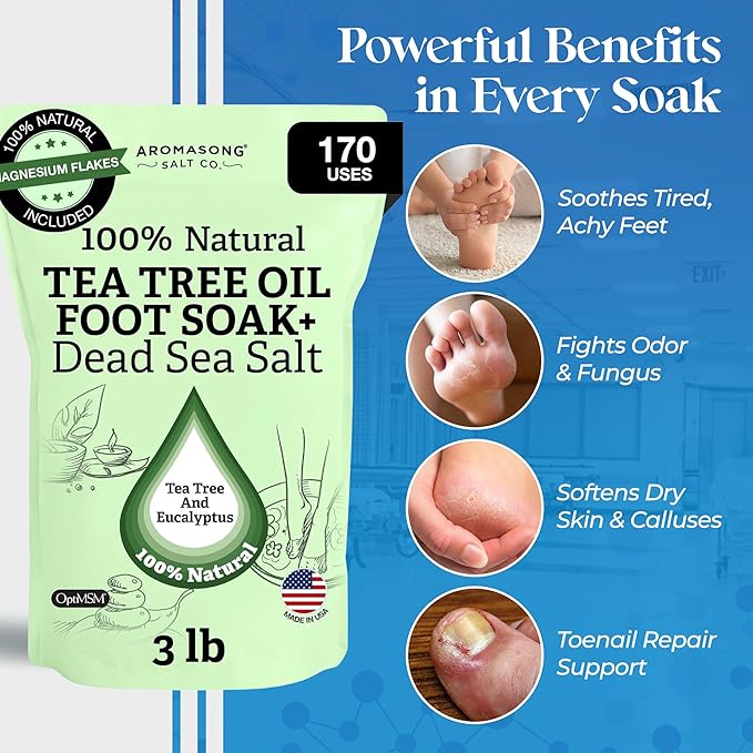 Aromasong Tea Tree Foot Soak with Magnesium Flakes and Dead Sea Foot Soaking Salts - Pedicure Tea Tree oil foot Soak for Dry Cracked Feet-Athlete's Callus Remover- Eliminates Odor- Packaging may vary