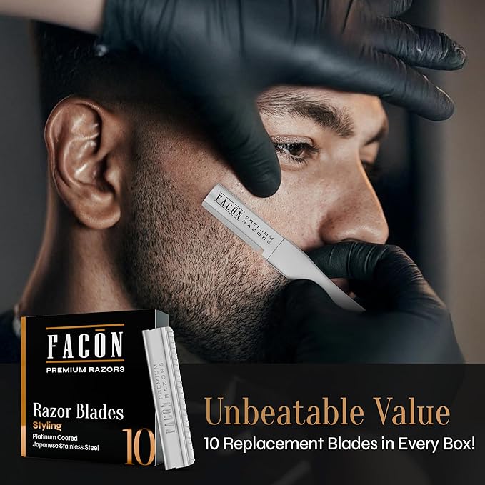 Facón Beard Razor for Men - Professional Beard Shaping Tool Grooming Kit with 11 Replacement Blades, Mustache Shaper, Edger & Lineup, Premium Precision Straight Edge Razor 100% Stainless Steel Blade