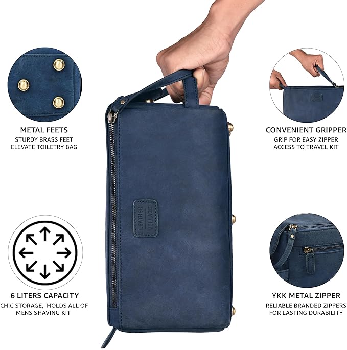LEATHER VILLAGE Genuine Leather Travel Toiletry Bag - Water-Resistant Dopp Kit for Toiletries, Large Shaving Bag & Bathroom Organizer - Gift for Men & Women - Royal Blue