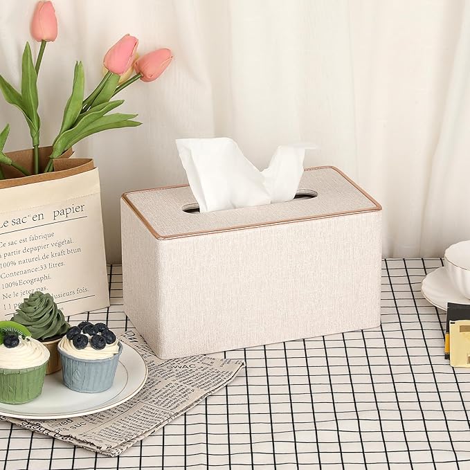 Sumnacon Rectangular Linen Tissue Box Cover - Stylish Tissue Box Holder with Magnetic Bottom, Decorative Tissue Box for Bathroom Toilet Vanity Night Stand Table Countertop Office, Beige Linen Texture