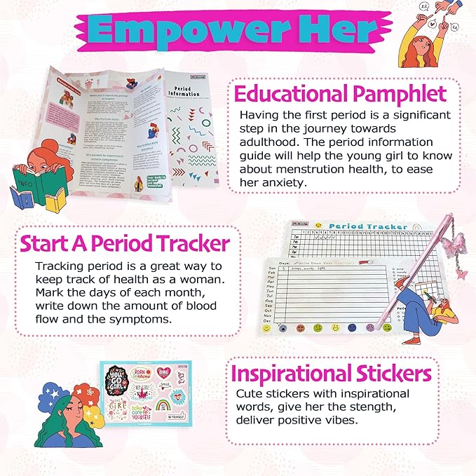 First Period kit for Girls | 22 PC Period Packs for Young Girls First Time | First Period Gift for Teen Girls with Sanitary Pad Storage Bag, Wipes, Bracelet, Eye Mask, Socks and More(Pink)