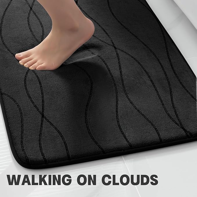 YIHOUSE Memory Foam Black Bathroom Rug Sets 2 Piece, Ultra Absorbent Bath Mat for Bathroom - Non-Slip Machine Washable & Dry Quickly, 2 Piece Bathroom Mat Set, Black