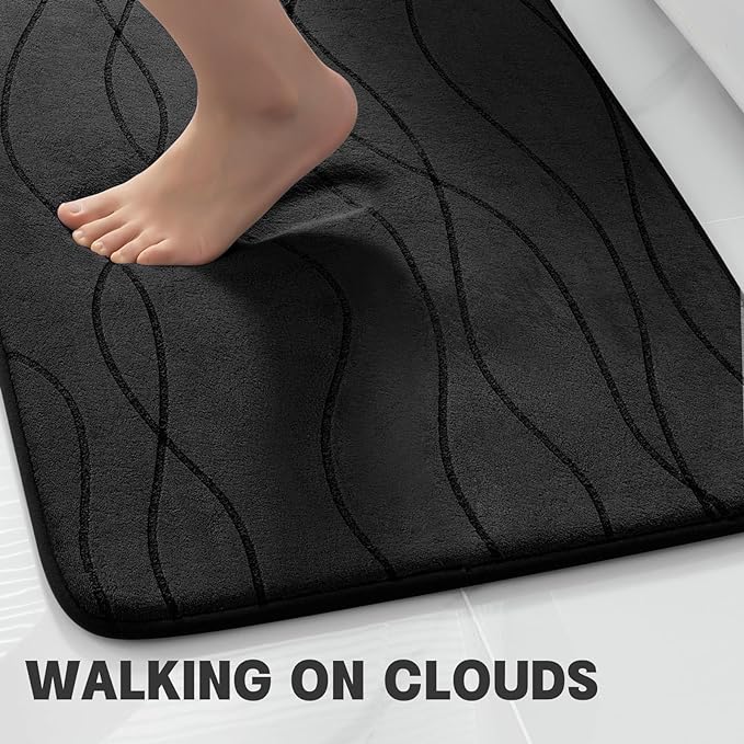 YIHOUSE Memory Foam Black Bathroom Rug Sets 3 Piece, Ultra Absorbent Bath Mat for Bathroom - Non-Slip Machine Washable & Dry Quickly, 3 Piece Bathroom Mat Set, Black